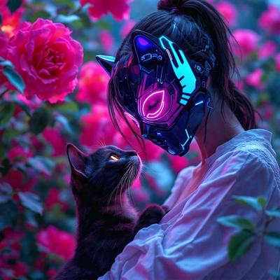 The primary subject of the image is a woman wearing a futuristic mask and holding a black cat. The setting is a garden with pink flowers, creating a vibrant and lively atmosphere. The visual style is a combination of photo and digital art, giving the image a unique and artistic appearance. The dominant colors are pink and purple, which are prevalent in the flowers and the woman's outfit. The overall mood of the image is playful and whimsical, as the woman and the